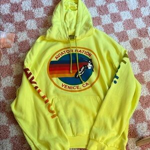 Aviator Nation Bright Yellow Hoodie with Rainbow Logo